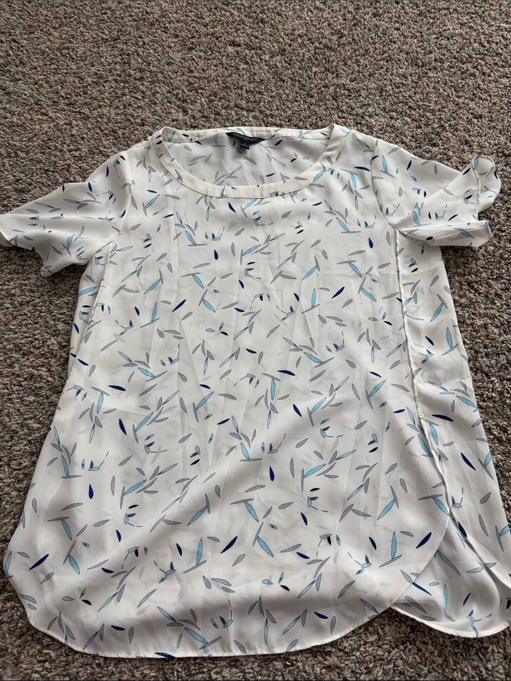 Banana Republic White Blouse with Blue and Gray Leaf Print